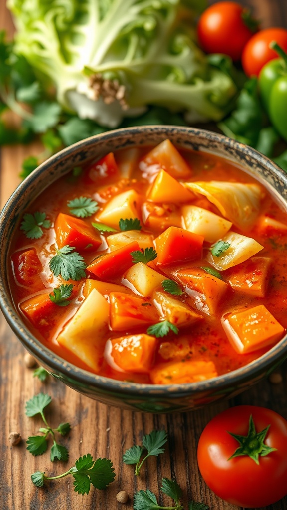 Spicy Cabbage Fat Burning Soup Recipe A delicious bowl of spicy cabbage fat burning soup with fresh herbs, on a rustic table.